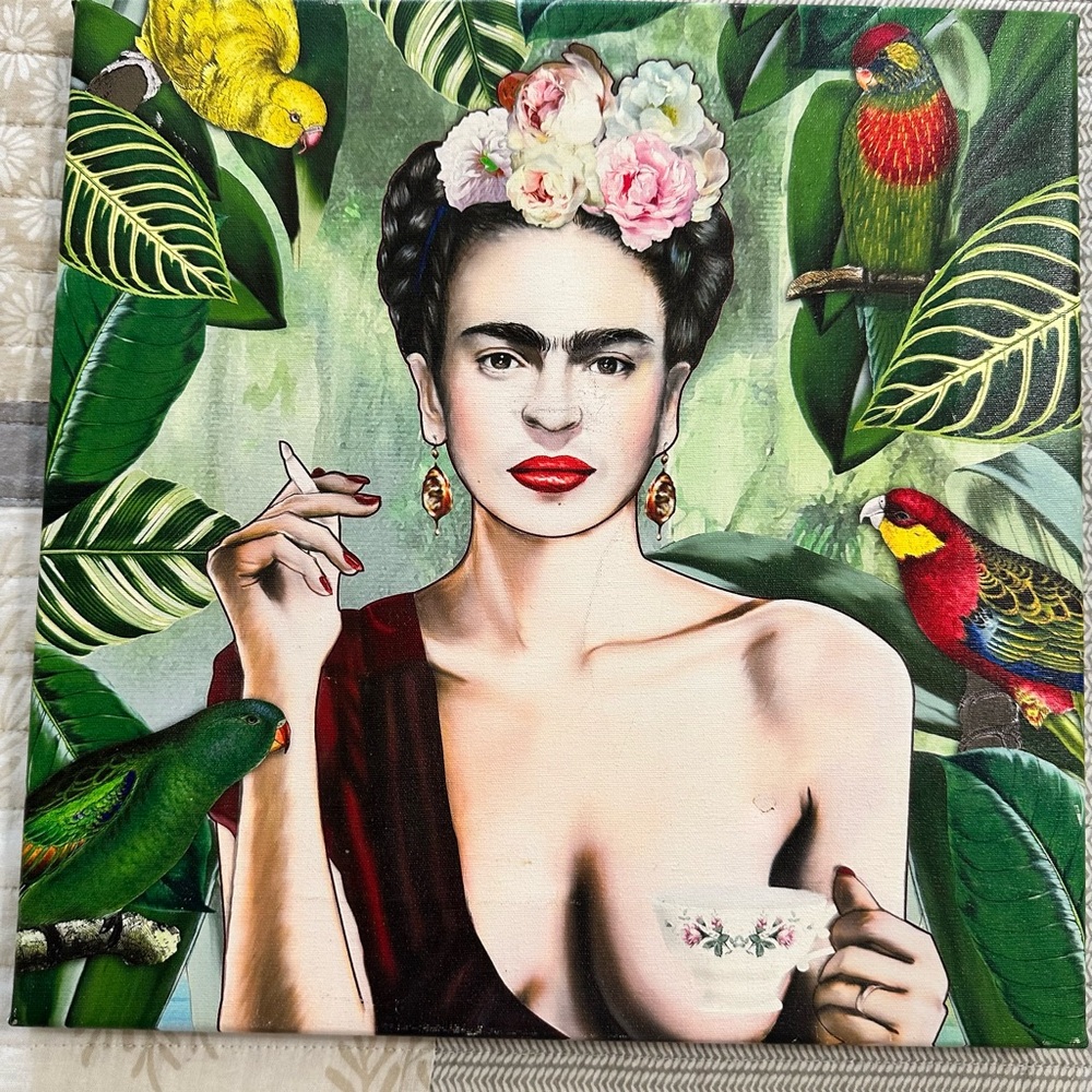 Frida Kahlo Art Canvas with Parrots